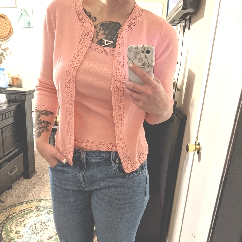 2 piece coral Talbots cardigan and matching tank.